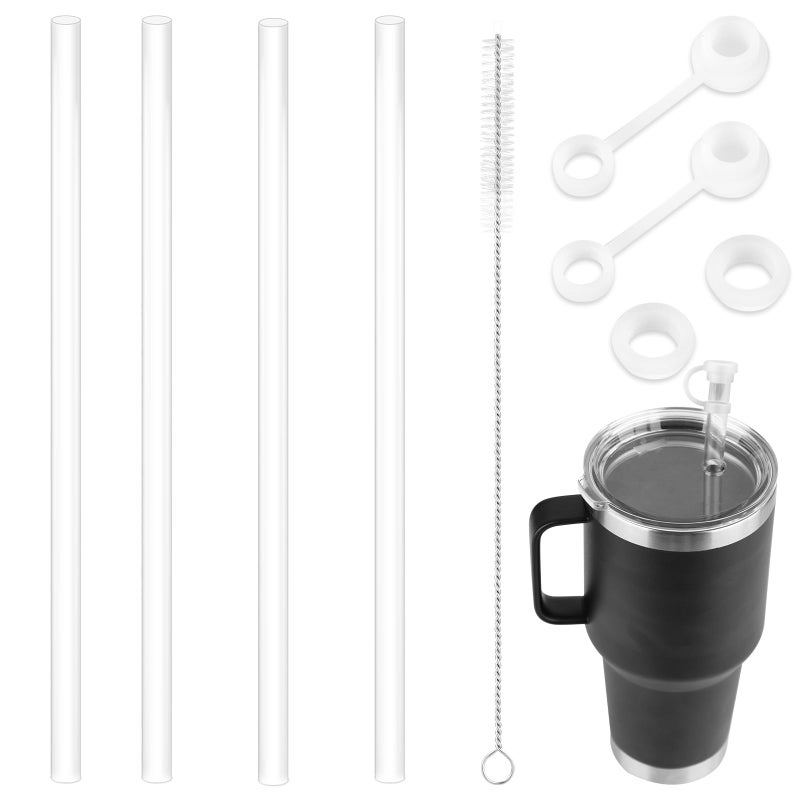 PEUTIER 4pcs 10.63 Inch Reusable Straws for YETI 42oz Cups, Clear Drinking Straws Plastic Straws Replacement for Tumblers with Straw Cleaner Brush & 4pcs Straw Stoppers Topper Cover - Image 1
